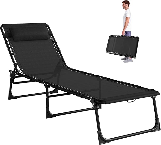 Outsunny Folding Chaise Lounge Chair, Patio Sun Tanning Chair, Outdoor Chaise Lounger with 4-Position Reclining Back, Breathable Mesh Seat for Beach, Poolside, Yard, Black