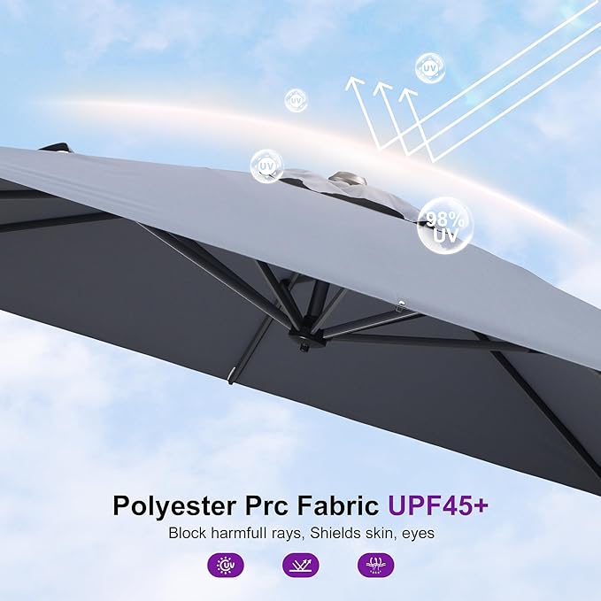 PURPLE LEAF 8' X 8' Patio Umbrella for Pool 7' High Offset Outdoor Cantilever Umbrella Swimming Pool Umbrella with 360°Rotation for Poolside Light Grey