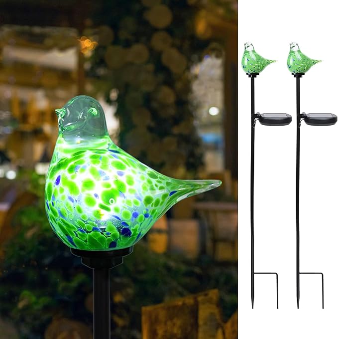 Bshine Solar Garden Decoration Outdoor Green Bird Lights, 2 Pack Hand Blown Glass Bird Waterproof Solar Light Stake Hummingbird Decorate Paths, Pathways, Lawns and Yards Art for Mom