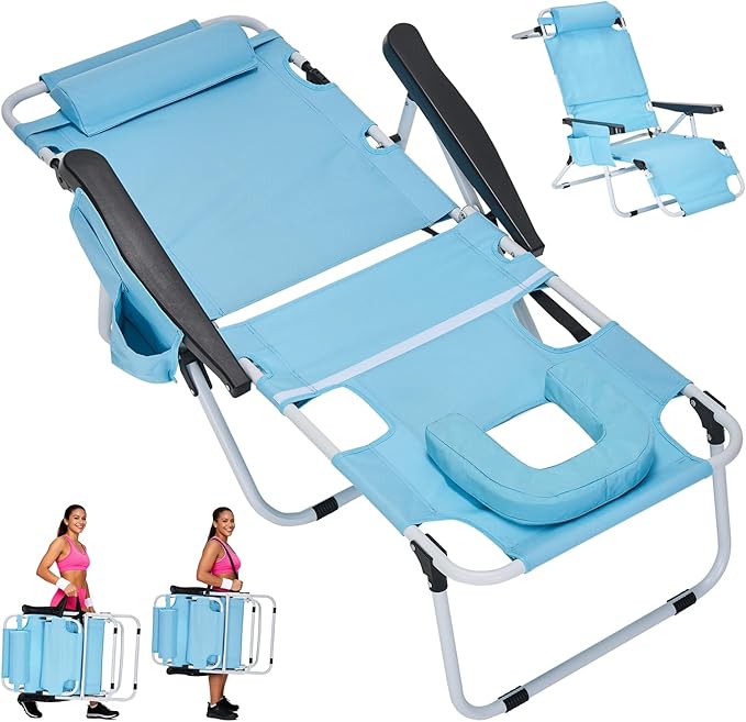 ABORON Tanning Chair with Face Hole, 5-Position Adjustable Reclining Beach Lounge Chair, Folding Face Down Sun Lounger for Beach, Poolside, Patio, Lawn, Home(Sky Blue)