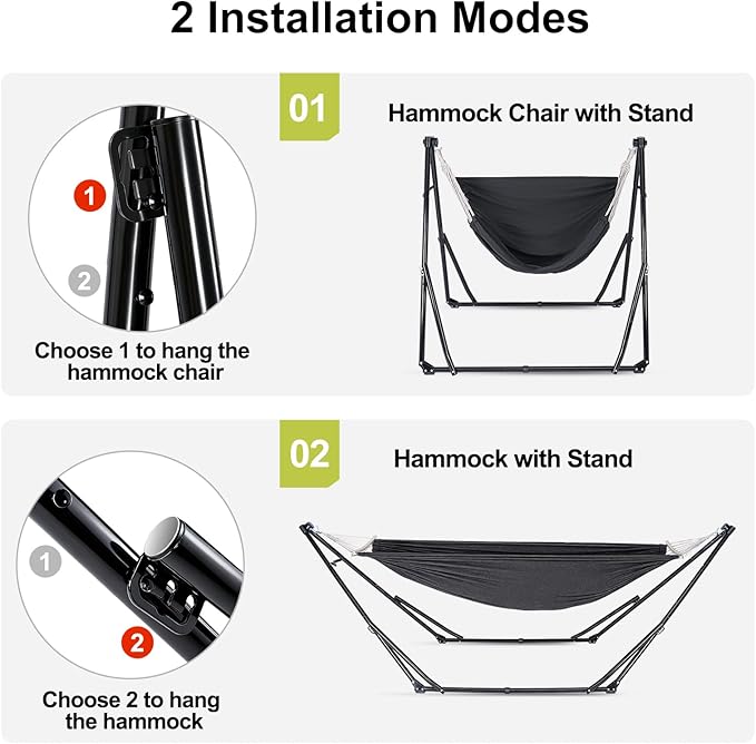 2-in-1 Hammock & Swing Chair for Teens – Adjustable Folding Chair with Collapsible Steel Stand, Portable for Camping, Travel, Patio & Indoor Use, Includes Carrying Case, Supports 440 LBS