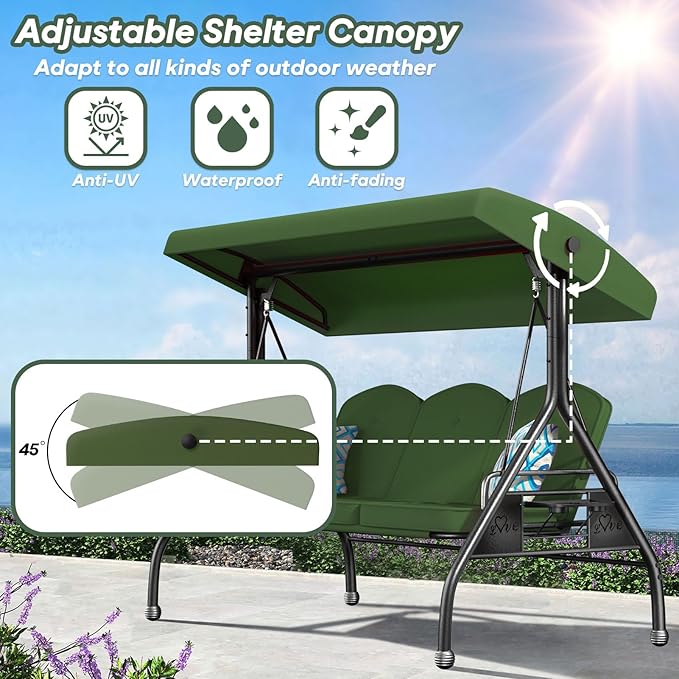 3 Seat Outdoor Porch Patio Swing with Stand 800lbs 2-in-1 Convertible Swing Bed with Adjustable Canopy & Removable Cushion for Yard Garden Deck (Green, Round Tube)