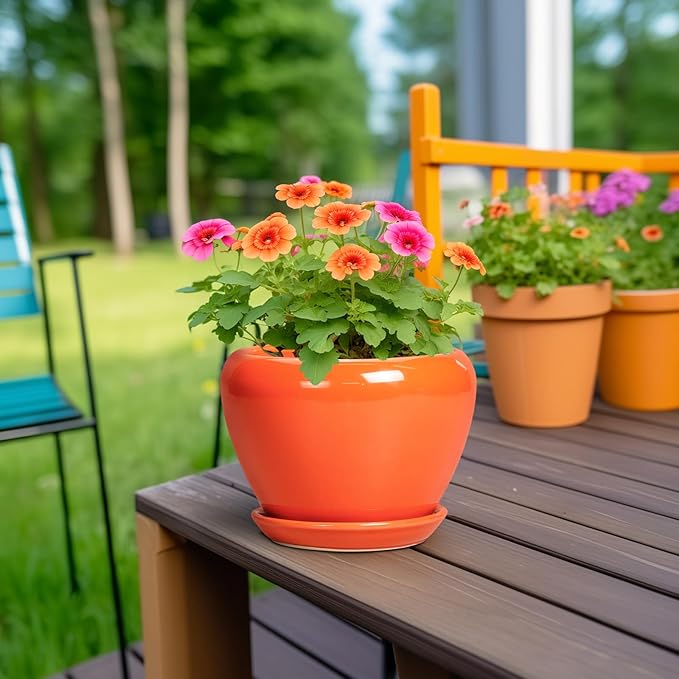Ceramic Plant Pot 6 Inch - Ceramic Planter for Indoor Plants Outdoor, Glaze Round Modern Flower Pot with Drainage Hole and Saucer, Gift for Plant Lover, Home Garden Room Decor, Orange