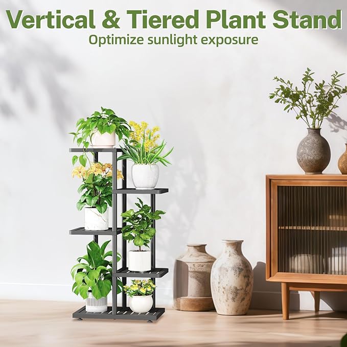 iDavosic.ly Plant Stand Indoor Outdoor, 4-Tier Tall Metal Flower Shelf for Heavy-Duty Large Planters, Corner Orchid Display Rack for Living Room Balcony Patio Porch, Space Saving, Modern Black