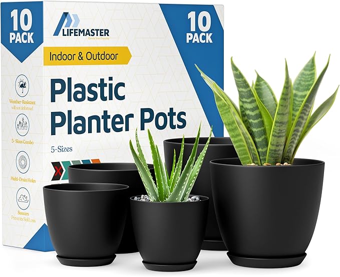 Lifemaster Plant Pots with Multi Drainage Holes - 10 Pieces Versatile, Sturdy Plastic, Stackable Design Home Decor Flower Pots for Indoor and Outdoor Gardening - Black