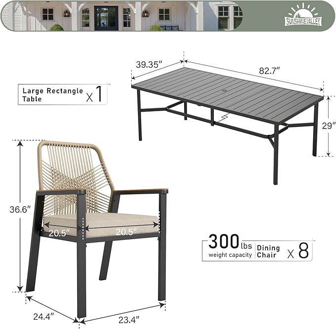 9 Pieces Patio Dining Set, 8 x Woven Rattan Chairs with Waterproof Cushion, 83" Rectangular Metal Dining Table with Umbrella Hole, Outdoor Table and Chairs Set for Backyard Lawn and Deck, Beige