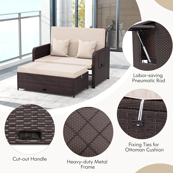 Nightcore Wicker Patio Outdoor Daybed, Outdoor Chaise Lounger w/ 4-Level Adjustable Backrest, Retractable Side Trays, Storage Ottoman, Comfortable & Removable Cushions, Rattan Loveseat (Beige)