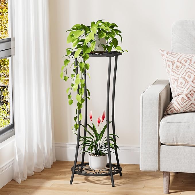 YINMIT Plant Stand Indoor Outdoor, 2 Tier Metal Potted Holder Rack, Flower Pot Stand Shelf, Heavy Duty Round Supports Rack, Corner Plant Shelf for Balcony Garden Patio Living Room (Black-Iron)