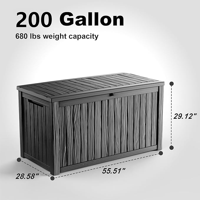 200 Gallon Outdoor Deck Box, Lockable Waterproof Outdoor Storage Boxes For Garden Tools,Indoor Cushions,Accessories Outside Storage Resin Weatherproof Container(Black)