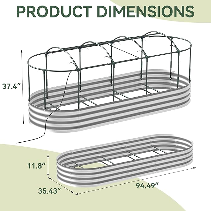 Raised Garden Bed with Sprinkler Timer and Self-Watering System, 8x3x1 ft Elevated Planter Boxes Outdoor with Mesh Cover, Oval Raised Beds for,Vegetables,Flowers, Backyard, Patio
