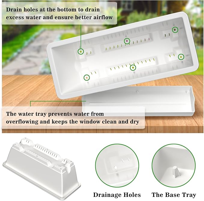 8pcs Rectangle Window Boxes Planters, 17 Inches Long Window Sill Planter Box Outdoor, Plastic Rectangular Window Flower Herb Pots Indoor with Drainage Holes and Trays for Garden Windowsill Light Grey