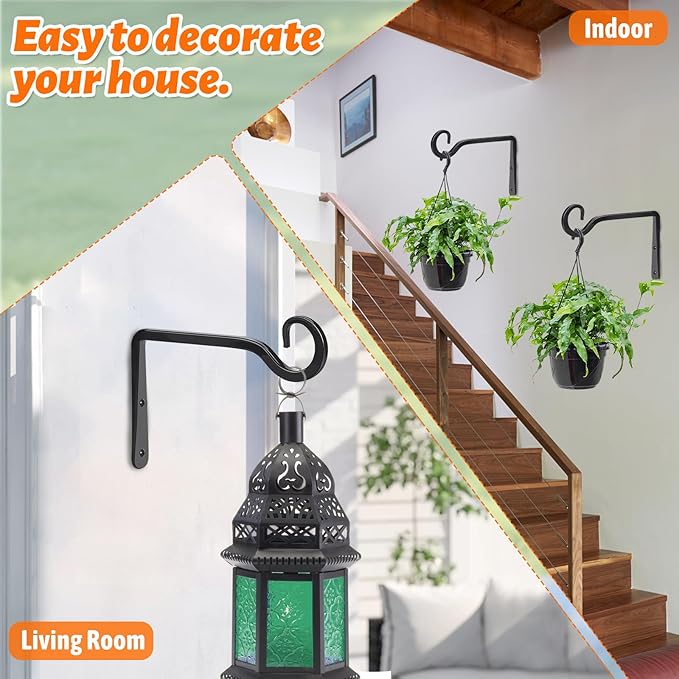 Plant Hangers Outdoor 4 Pack 10 Inch Metal Hanging Plant Bracket Metal Hanging Plant Hooks Indoor, Wall Hooks for Hanging Plants, Bird Feeder, Flower Basket, Wind Chimes Black (4PCS)