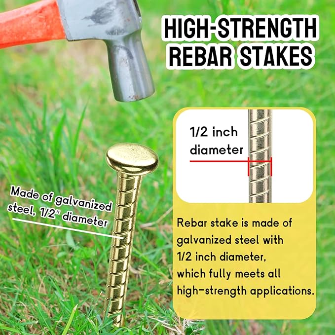 16 Inch Rebar Stakes - 1/2 Inch Diameter Galvanized Steel Ground Anchors - Heavy Duty Plant Support Garden Stake for Speed Bump, Wheel Stop, Tent (6 Pack)