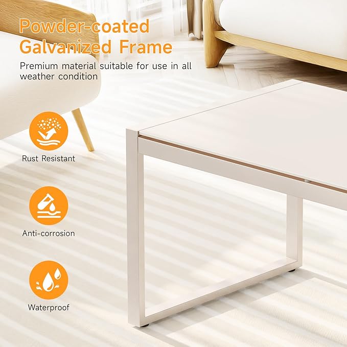 ONBRILL Rectangle Coffee Table with Tempered Glass Desktop, Galvanized Frame Outdoor Coffee Table with Adjustable Feet for Patio, Balcony, Deck, Living Room, Sand