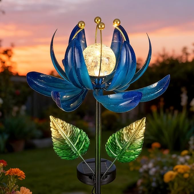 Solar Garden Lights Metal Flower Decor, Colorful Lotus Pathway Spinning Windmill with LED Cracked Crystal Ball Outdoor Decorative Stake Lighting Waterproof Flower Sculpture for Patio Yard