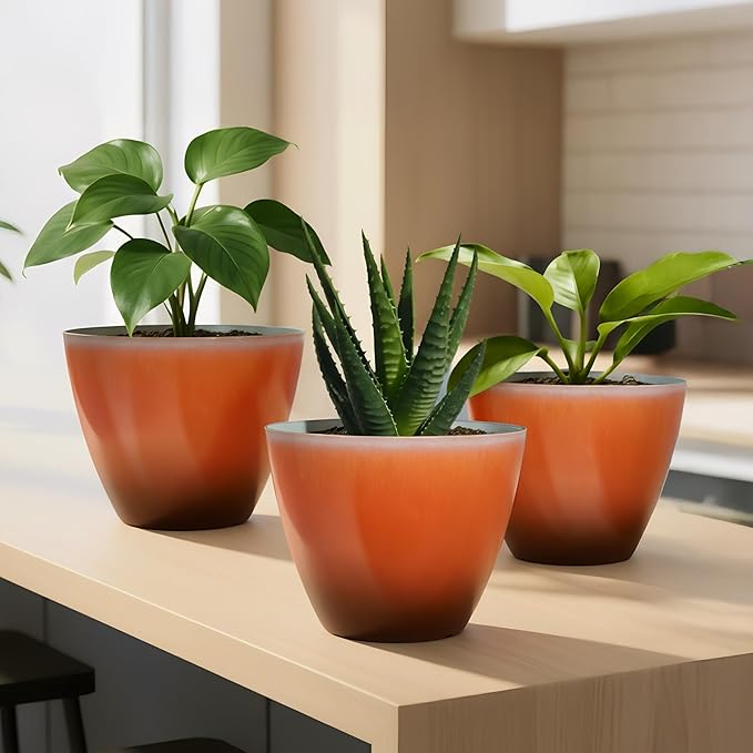 2 Pack Plastic Plant Pots with Drainage Holes, 8 inch Planter for Indoor Outdoor Plant, Garden Flower Pots for Aloe, Herbs, Cactus (Orange, 2pcs)