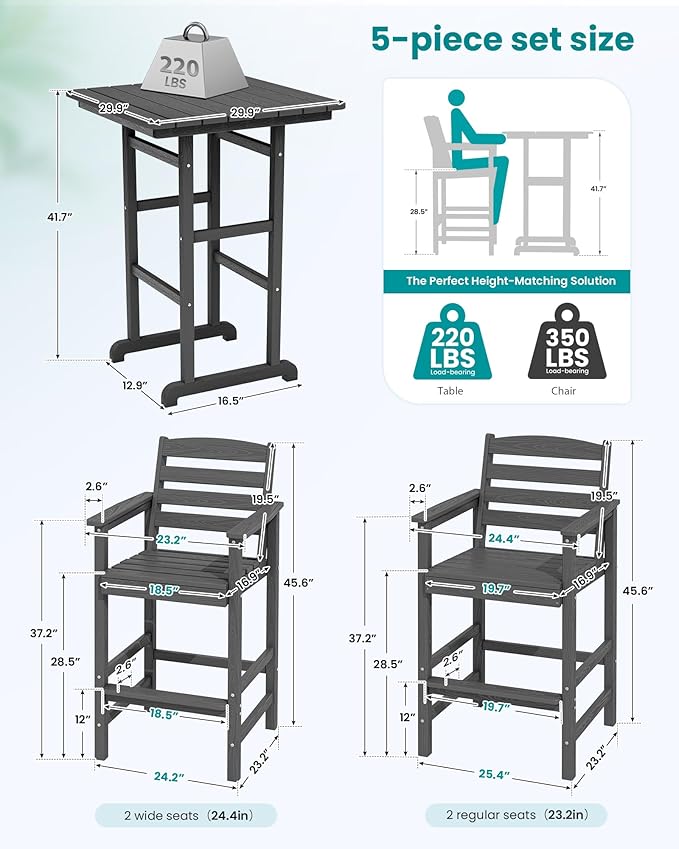SERWALL 5 Pieces Outdoor Patio Bar Set, Tall Adirondack Bar Chair and Table Set, Gray