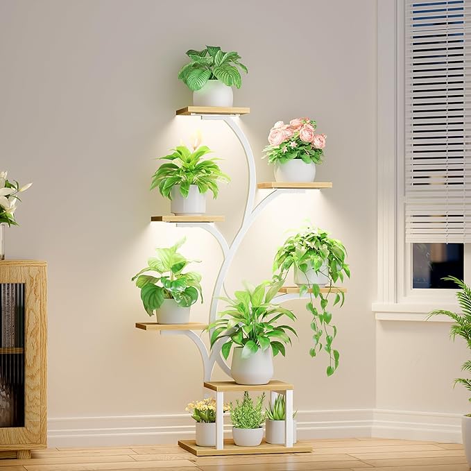 Plant Stand Indoor with Grow Lights, 7 Tiered Indoor Plant Shelf, 49" Corner Plant Stands for Indoor Plants, Metal Plant Flower Display Shelf, Tree-Shaped Plant Rack for Home, Patio, Natural