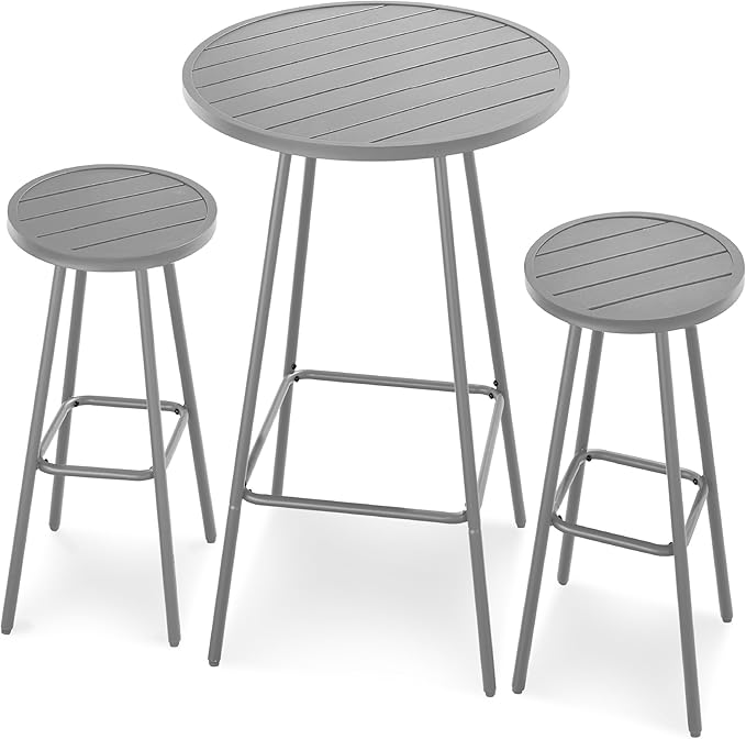Best Choice Products 3-Piece Patio Dining Set, Bar Height, Outdoor Bistro Set, Outdoor Round Bar Table w/ 2 Bar Stools, Steel - Gray