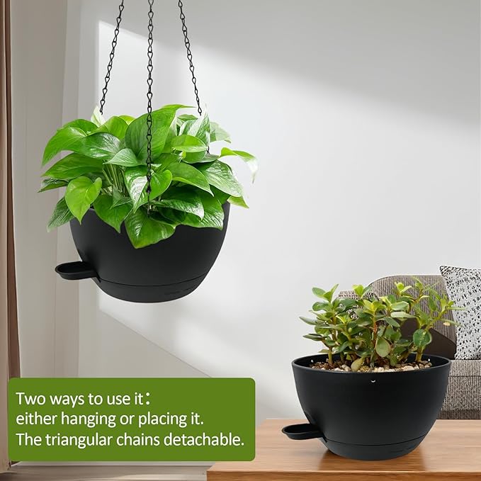 WOUSIWER Self Watering Hanging Planters, 2 Pack 10'' Plastic Pots with Drainage Holes & Reservoir Tray (Black) | Indoor & Outdoor Use for Ferns, Ivy, Herbs, Succulents