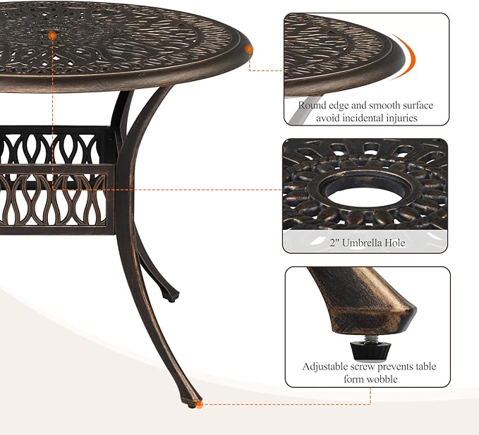 VINGLI 35.4' Dia Patio Dining Table with Umbrella Hole, Cast Aluminum Bistro Table for Outdoor Garden Use (35.4' Dia x 29.5' H)