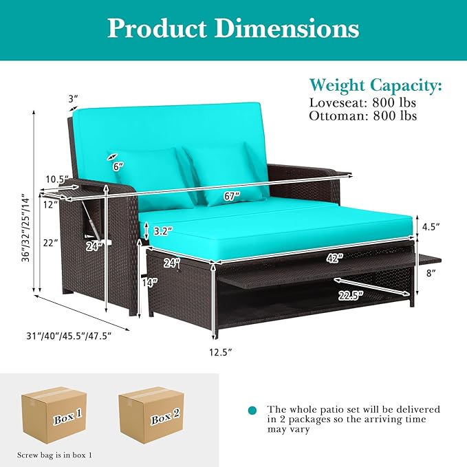 Nightcore Wicker Patio Outdoor Daybed, Outdoor Chaise Lounger w/ 4-Level Adjustable Backrest, Retractable Side Trays, Storage Ottoman, Comfortable & Removable Cushions, Rattan Loveseat (Turquoise)