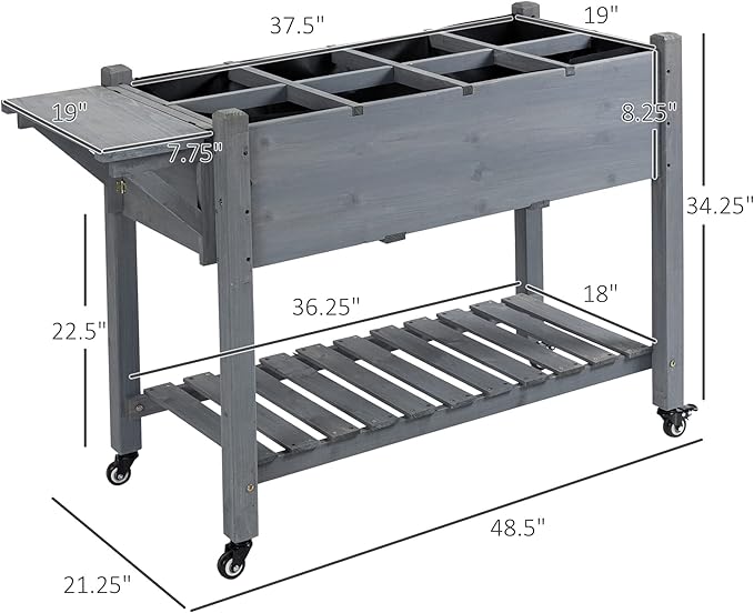 Outsunny Raised Garden Bed with 8 Grow Grids, Wooden Outdoor Plant Box Stand with Folding Side Table and Wheels, 49" x 21" x 34", for Vegetables, Flowers, Herbs, Gray