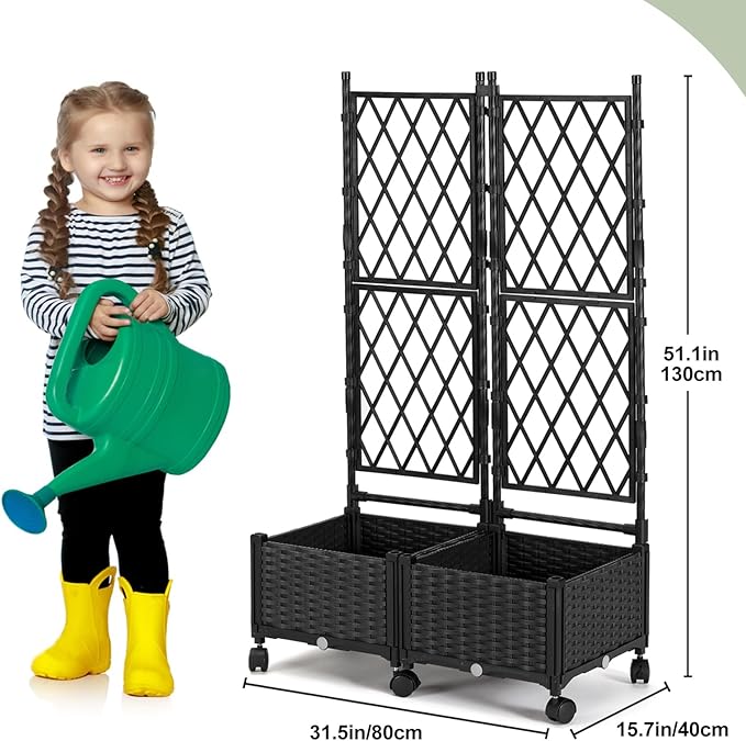 Planter Box with Trellis, 4ft Tall Self-Watering Plastic Raised Garden Beds and Lattice Trellis with Lockable Wheels & Drain Plug for Outdoor Patio Backyard Balcony, Black, 2 Pcs