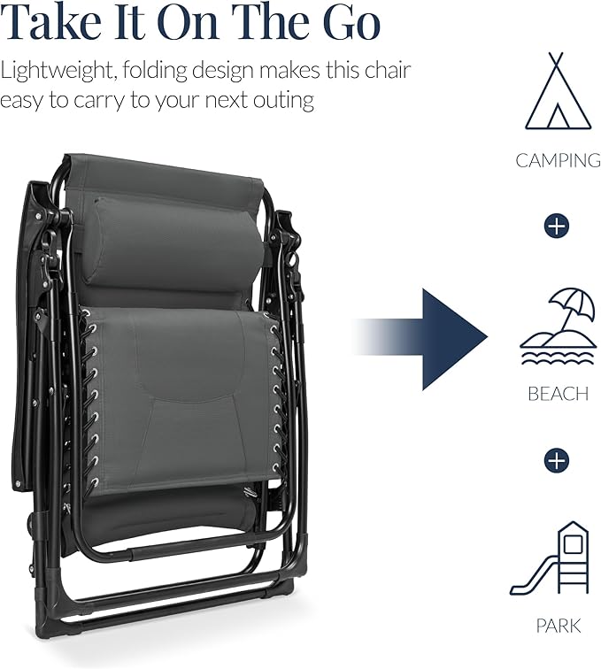 Best Choice Products Oversized Padded Zero Gravity Chair, Folding Outdoor Patio Recliner, XL Anti Gravity Lounger for Backyard w/Headrest, Cup Holder, Side Tray, Polyester Mesh - Gray