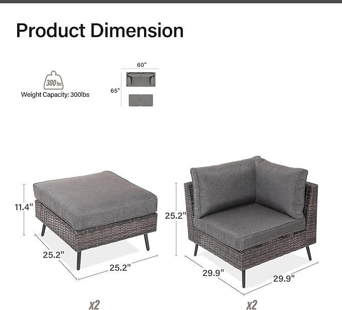 LAUSAINT HOME Outdoor Patio Furniture, 4 Piece Outdoor Sectional Sofa PE Rattan Wicker Patio Conversation Sets, All Weather Patio Furniture Set with Thick Cushions for Garden, Backyard(Grey)