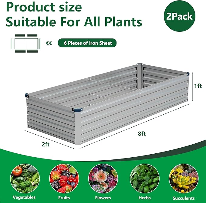 Vengarus 8x2x1FT (2 Pack) Galvanized Raised Garden Bed-Outdoor Planter Box for Vegetables,Metal Flower Boxes with Corner,Planter Raised Bed,(Silver)