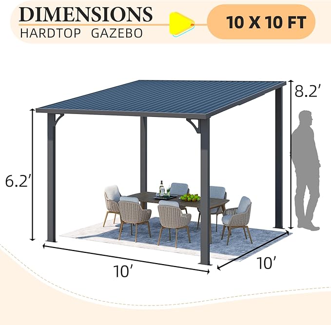 AECOJOY 10' x 10' Hardtop Gazebo Outdoor Pergola, Heavy Duty Lean to Metal Pergolas and Gazebos Clearance, Wall-Mounted Grill Gazebo Galvanized Steel Patio Roof Awnings for Patio, Decks