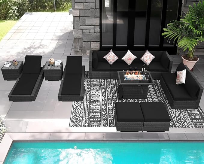 NICESOUL 13 Piece Patio Furniture Set with Fire Pit Table, 29.3'' High Back Large Outdoor Sectional with Firepit & Chaise Lounge, Sturdy Deep Seating Conversation Set, Gray Rattan & Black Cushion