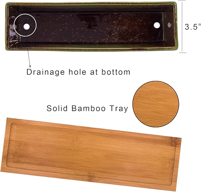 Succulent Pots - Large Succulent Planter Pots with Drainage, 12 Inch Long Rectangle Bonsai Pot with Bamboo Tray Shallow Ceramic Cactus Flower Planter Window Box for Home Garden Decor (Green)