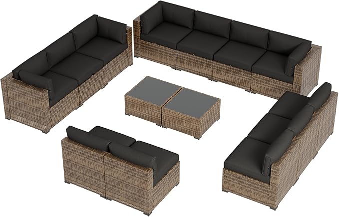 Aoxun Patio Furniture Sets, 14-Piece Outdoor Patio Furniture with 44'' Propane Gas Firepit Table, Wicker Outdoor Conversation Set Sectional Sofa for Backyard, Poolside, Garden