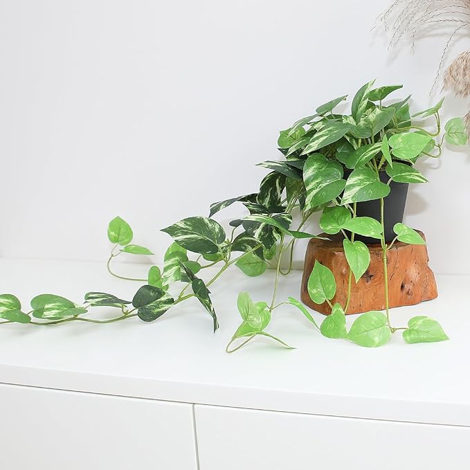 Fake Pothos Hanging Plants - 33" Set of 2 Artificial Silk Ivy Vines with Pots, Realistic Faux Greenery for Indoor Home Office Bathroom Decor, Low Maintenance Hanging Plant Decoration - Golden Green