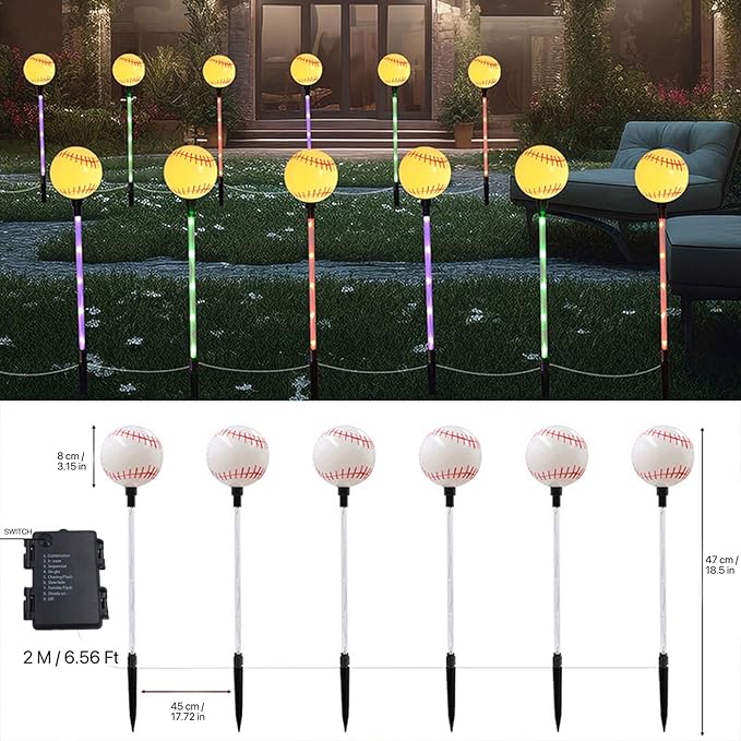 Battery Powered Garden Sports Ball Theme Party Stake Lights Baseball LED Landscape Path Lights Indoor/Outdoor Christmas Festival Home Patio Decoration Lamps