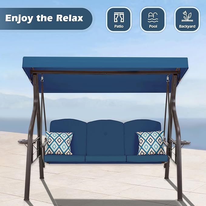 3-Seat Outdoor Porch Swing with Stand, Patio Swing with Canopy, 2 in 1 Porch Swing Bed & Patio Swing Chair for Adult w/Extra Pillows and Cup Holder for Yard (Blue)