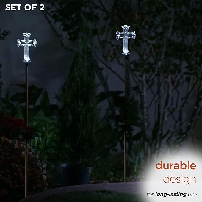 Alpine Corporation 34" Tall Outdoor Solar Powered Cross Pathway Light Stakes (Set of 2)