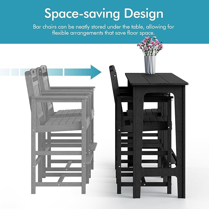 Ciokea 3 Pcs Outdoor Bar Height Table Set, 60" Extra Long Rectangle High Top Table and 2 Oversized Adirondack Chairs Set, Heavy-Duty All-Weather HDPE Patio Bar Set for Backyard Balcony Deck, Black