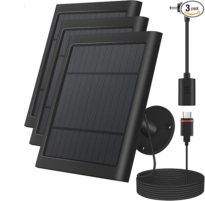 3 Pack 4W Solar Charger for Spotlight & Stick Up Outdoor Cam, Black, High Efficiency, 10FT/3M Long Cable with USB-C to Barrel Plug