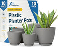 Planter Pots with Drainage Holes - Lightweight, Durable & Space-Saving Pots for Indoor and Outdoor - Versatile Functionality, Simple Modern Design, Set of 10 Plastic Planter Pots - Gray