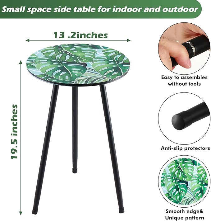 Metal Outdoor Side Tables Set of Two Small Outside Round End Table for Patio Modern Accent Garden Corner Table for Small Spaces, Balcony, Porch, Weather-Resistant, Plant Stand Indoor, Green Leaves