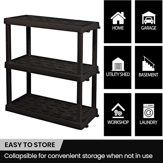 Oskar Heavy Duty Plastic Storage Shelves- for Garage, Kitchen, Bathroom Basement Kids Room, Stackable 3-Tier Black Organizer Rack for Books Shoes, Toys, Pantry, Cleaning and Closet Organization