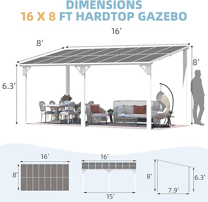 AECOJOY 16' x 8' White Gazebo Outdoor Pergola for Patio, Hard Top Lean to 8x16 Gazebo Shelter Pergolas and Gazebos Clearance with Patio Roof, Large Wall-Mounted Heavy Duty Awnings for Backyard