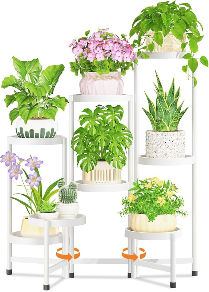 LASZOLA 8 Tiered Folding Plant Stand Indoor for Multiple Large Planter, Tall Heavy Duty Adjustable Rack with Rust Proof Plastic Shelving, Sturdy Vertical Tree Organizer for Narrow Inside Floor, White