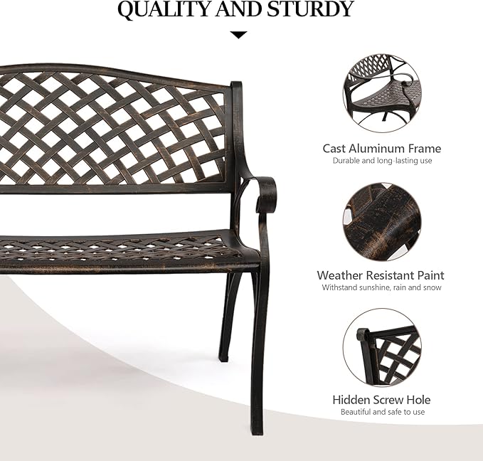 VINGLI 40.5" Patio Garden Bench,Anti- Rust Cast Iron Cast Aluminum Frame for Outdoor Path Yard Lawn Work Entryway Decor Deck (Brown)