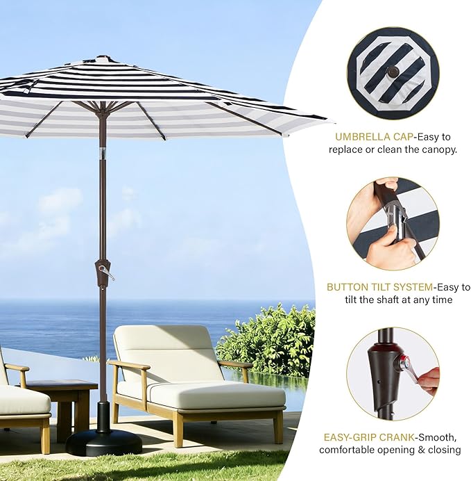 MEWAY 9ft Patio Umbrella Outdoor Table Umbrellas with Push Button Tilt and Crank, Market Umbrella 8 Sturdy Ribs for Deck, Garden, Pool and Backyard, Black-white-striped