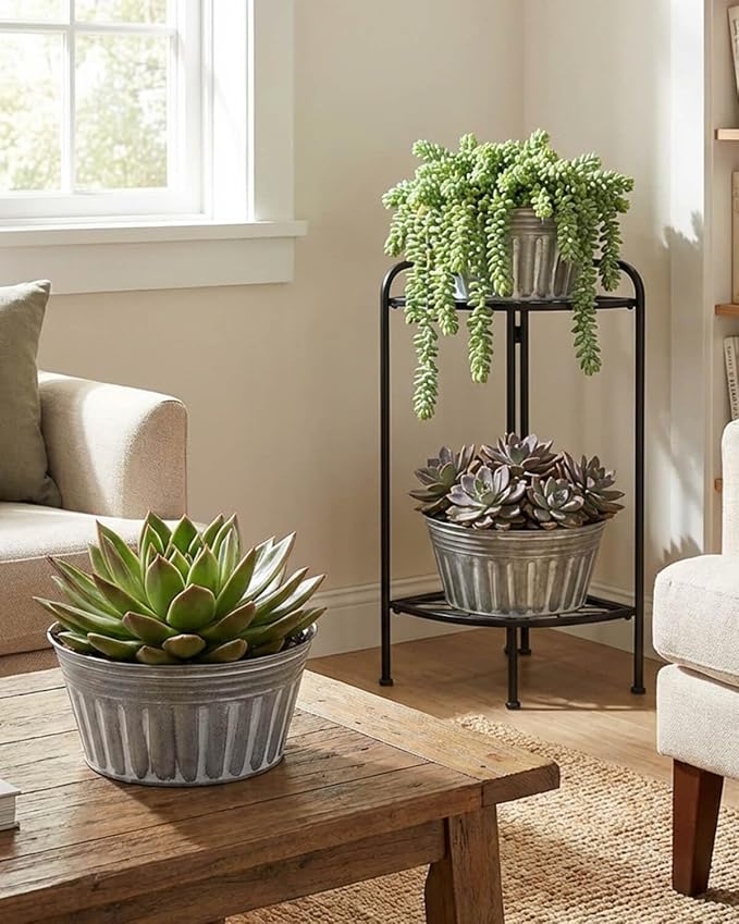vensovo 9 Inches Silver Metal Rustic Plant Pots - 4 Pcs Large Shallow Galvanized Planters with Drain Hole and Rubber Plug, Rustproof Tin Bucket Succulent Pot Indoor Farmhouse Vintage Style for Decor
