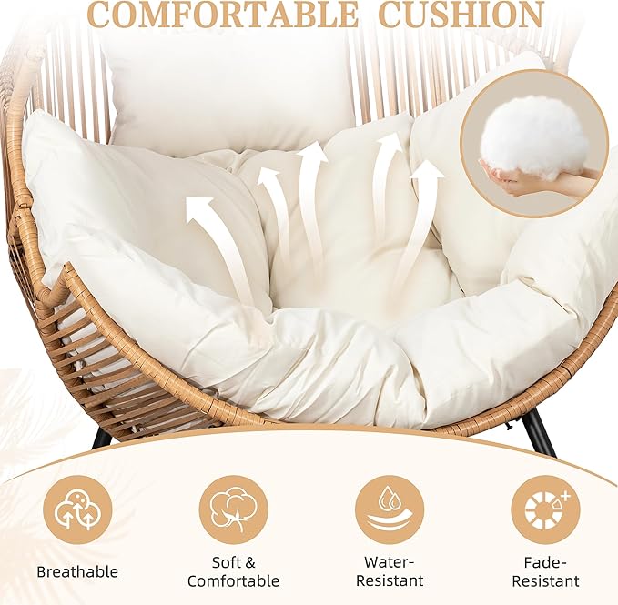 Vongrasig Wicker Rocking Egg Chair PE Rattan with Cushion, Oversized Patio Lounge Rocker Chair for Outdoor, Indoor, Livingroom, Backyard, Garden (Beige)